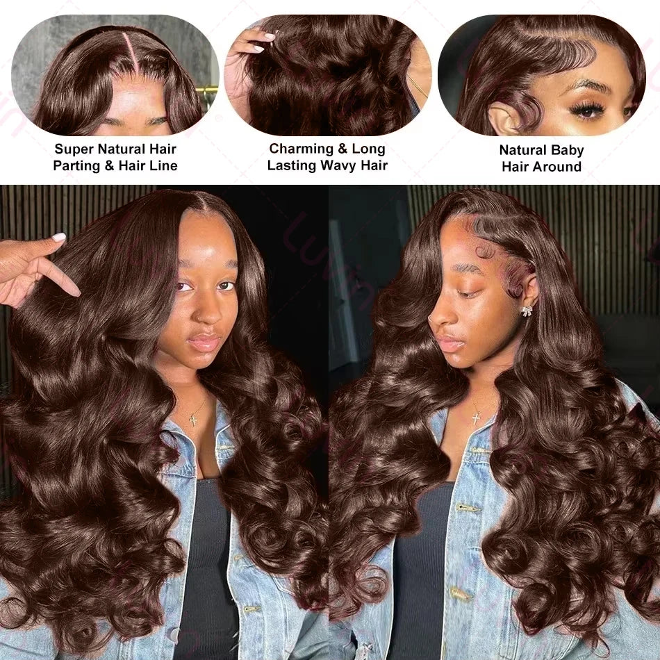 (13x6 & 13x4) 16-40" - Glossy Brown Waves Wig
