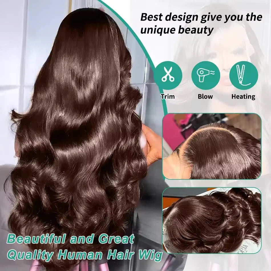 (13x6 & 13x4) 16-40" - Glossy Brown Waves Wig